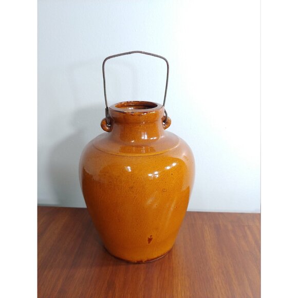 Vintage stoneware vinegar ewer, Brown glazed pottery oil jug - Picture 5 of 11